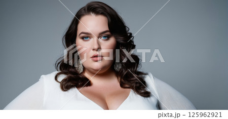 Confident plus size woman posing in stylish outfits with elegance on gray studio background 125962921