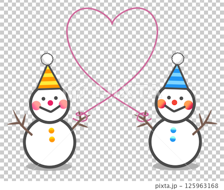 Two different colored snowmen connected by a heart-shaped line Two different colored snowmen connected by a heart-shaped line 125963168
