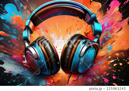 Vibrant Blue Headphones with Explosive Color Splash in Background, High Energy Digital Art Capturing the Spirit of Music, Creativity, and Audio Passion for Entertainment and Branding Use 125963243