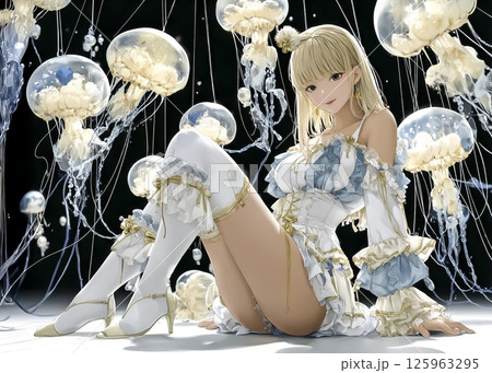 海底で仲間とくつろぐ深海クラゲの妖精のイラスト素材 125963295