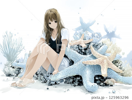 海底で仲間と休憩するヒトデの妖精のイラスト素材 125963296