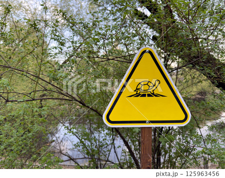 Minimalist turtle crossing warning sign with bold black icon on bright yellow background in natural green park area near water, promoting wildlife safety and environmental awareness without any text Minimalist turtle crossing warning sign with bold black icon on bright yellow background in natural green park area near water, promoting wildlife safety and environmental awareness without any text 125963456