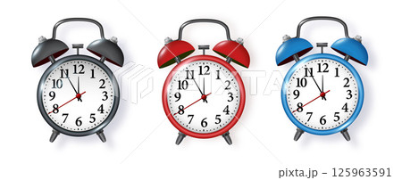 Black alarm clock on white background. Morning, reminder. Vector metal vintage ringing alarm clock on bright white background. Vector 125963591