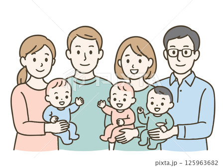 2組の家族と赤ちゃんたちの笑顔の集合イラスト 125963682