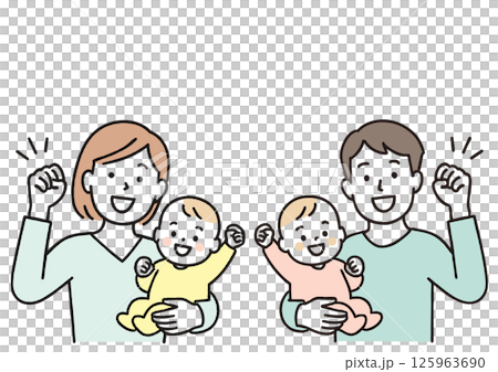 Illustration of a smiling father and mother holding a baby and raising their hands 125963690