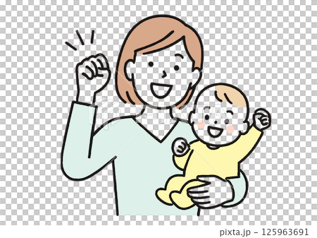 一位年輕的母親微笑著抱著嬰兒揮舞拳頭 125963691