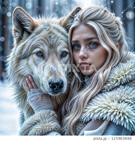 Portrait of a blonde girl with a big white wolf 125963698