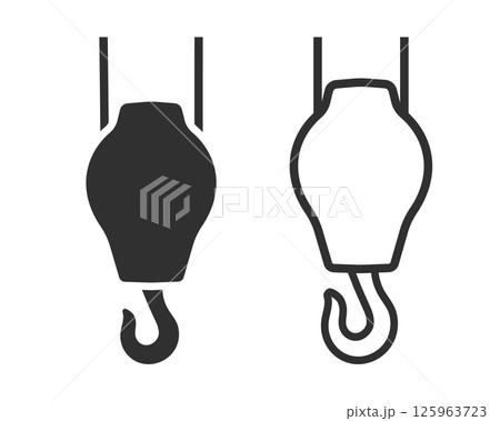 Industrial crane hook icon symbol shape. Lifting hook or hoist hook on chain logo sign. Vector illustration image. Isolated on white background. 125963723