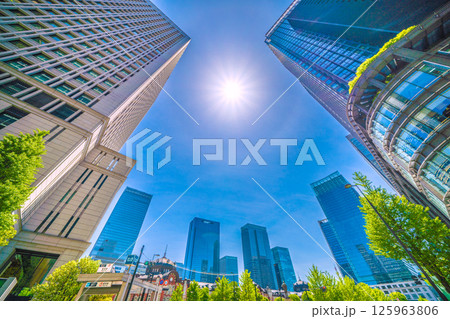 日本の東京都市景観 東京駅丸の内北口・東京駅赤レンガ駅舎やハロ、八重洲などのビル群を望む 日本の東京都市景観 東京駅丸の内北口・東京駅赤レンガ駅舎やハロ、八重洲などのビル群を望む 125963806
