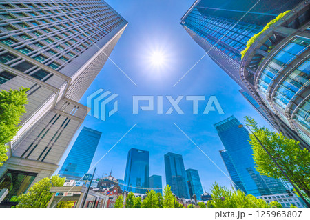 日本の東京都市景観 東京駅丸の内北口・東京駅赤レンガ駅舎やハロ、八重洲などのビル群を望む 125963807