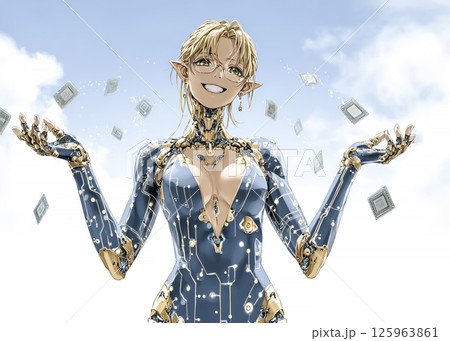 テクノフェアリー　沢山のCPUを手に入れて喜ぶ集積回路の妖精のイラスト素材 125963861