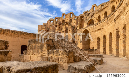 Ancient african Roman Colosseum amphitheatre ruins and columns, El Jem, Mahdia, Tunis 125963902