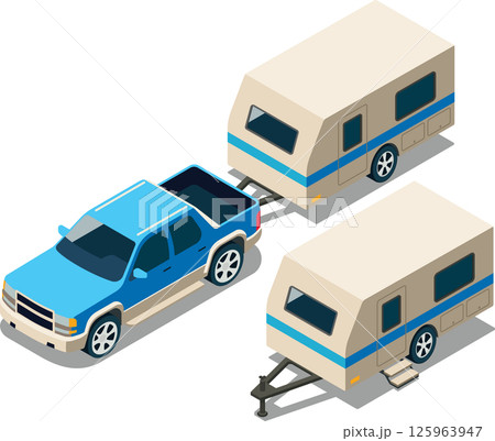 Isometric caravan trailer attached to pickup truck Isometric caravan trailer attached to pickup truck 125963947