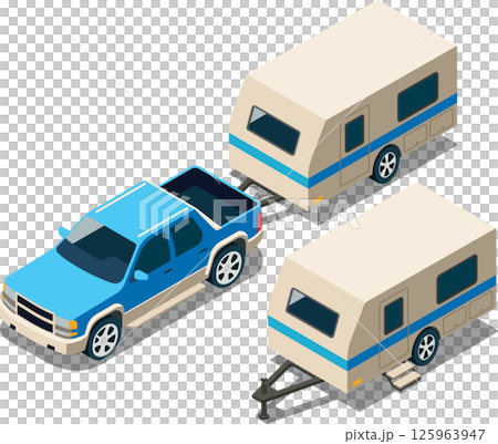Isometric caravan trailer attached to pickup truck 125963947