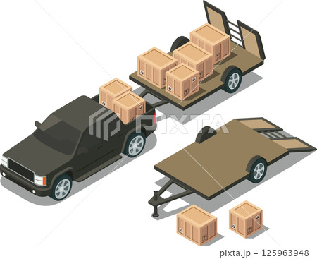 Isometric pickup truck with attached trailer carrying wooden crates 125963948