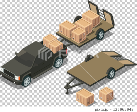 Isometric pickup truck with attached trailer carrying wooden crates Isometric pickup truck with attached trailer carrying wooden crates 125963948