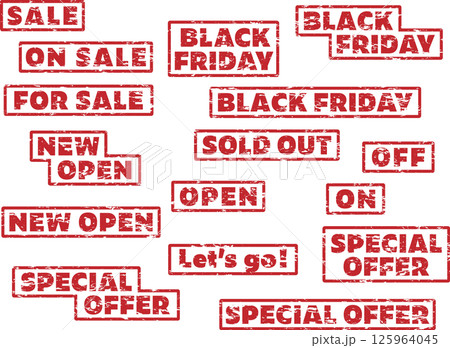 チラシやポスターに最適な英語のSALE、OPENかすれたスタンプセット 125964045