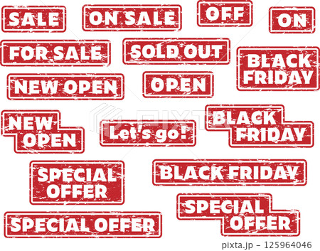 チラシやポスターに最適な英語のSALE、OPENかすれたスタンプセットその2 125964046