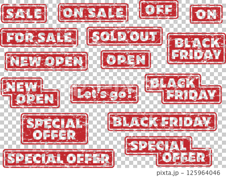 チラシやポスターに最適な英語のSALE、OPENかすれたスタンプセットその2 125964046