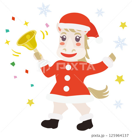 クリスマスセールでハンドベルを持ったかわいい馬のサンタ 125964137