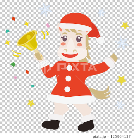 クリスマスセールでハンドベルを持ったかわいい馬のサンタ 125964137