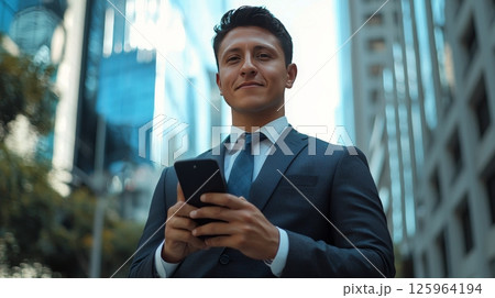 Happy Hispanic business man manager using financial banking mobile apps on cell phone standing in city, generated AI  125964194