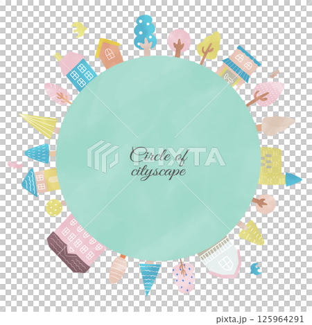 以圓形排列的斯堪的納維亞風格城市景觀插圖。複製並放置在中心。 以圓形排列的斯堪的納維亞風格城市景觀插圖。複製並放置在中心。 125964291