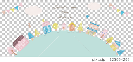 Illustration of a Scandinavian-style townscape lined up on the ground on a hill 125964293