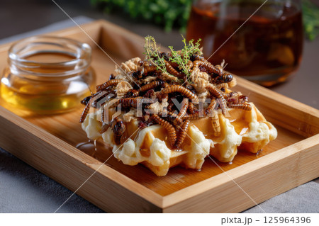 Crispy waffle topped with edible insects and drizzled with honey, served on wooden tray. unique combination of flavors and textures creates adventurous culinary experience Crispy waffle topped with edible insects and drizzled with honey, served on wooden tray. unique combination of flavors and textures creates adventurous culinary experience 125964396