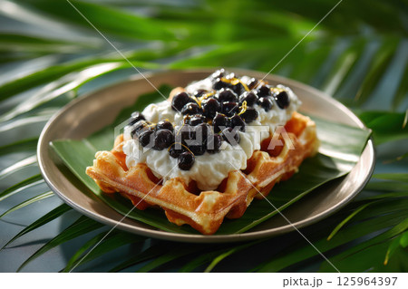 Crispy waffle topped with coconut milk cream topping and boba pearls, served on plate with tropical leaf background, creating delightful and exotic dessert presentation Crispy waffle topped with coconut milk cream topping and boba pearls, served on plate with tropical leaf background, creating delightful and exotic dessert presentation 125964397