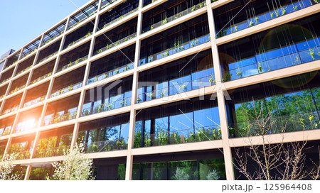 Modern city eco office building with tree. Detail shot of modern architecture facade,business concepts. Environment. Modern building and trees, double exposure. Modern city eco office building with tree. Detail shot of modern architecture facade,business concepts. Environment. Modern building and trees, double exposure. 125964408