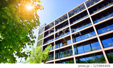 Modern city eco office building with tree. Detail shot of modern architecture facade,business concepts. Environment. Modern building and trees, double exposure. 125964409