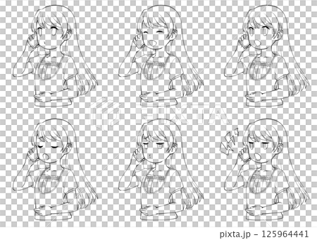 A set of six line drawings of a young woman in summer clothes making a phone call on her smartphone, with various facial expressions 125964441