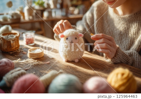 羊毛フェルトで羊のぬいぐるみを作る日本人女性 羊毛フェルトで羊のぬいぐるみを作る日本人女性 125964463