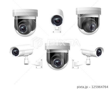 Security cameras on modern building. Professional surveillance camera. Security system, technology concept. Video equipment for safety system area control. Vector Security cameras on modern building. Professional surveillance camera. Security system, technology concept. Video equipment for safety system area control. Vector 125964764