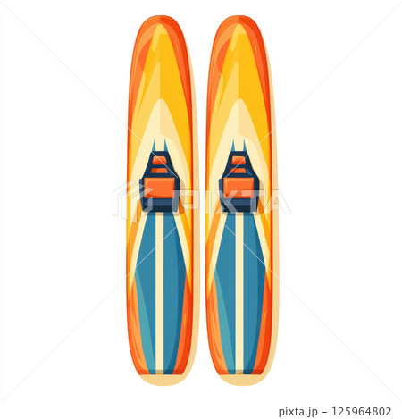 pair of vibrant water skis with orange, yellow, and blue patterns, featuring adjustable bindings, isolated white background 125964802