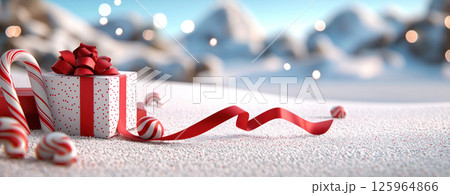 festive gift box with red ribbon and candy canes on snowy ground 125964866