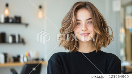 Stylish young woman with fresh hair, looking confident and happy at salon 125964960