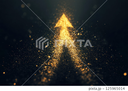 glowing golden arrow made of shimmering dust particles rises on dark background, symbolizing progress and success 125965014