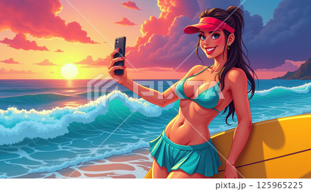 A woman taking a selfie at sunset on the beach. 125965225