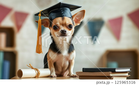 tiny Chihuahua proudly wearing graduation cap sits on table with diploma and books, celebrating special achievement with joy 125965316