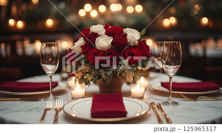 romantic dinner table set for two with elegant red and white roses, candles, and fine dining ware creates warm atmosphere 125965317