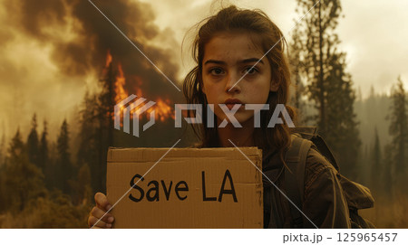 Young protestor holding sign Save LA in smoke filled forest, highlighting climate urgency amidst wildfire damage 125965457