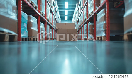 spacious warehouse filled with stacked boxes and pallets, showcasing organized inventory and efficient storage solutions. bright lighting enhances industrial atmosphere 125965458