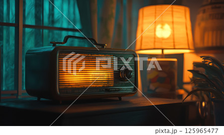 Soft light on vintage radio with aesthetic setting create calm and cozy ambiance indoors 125965477