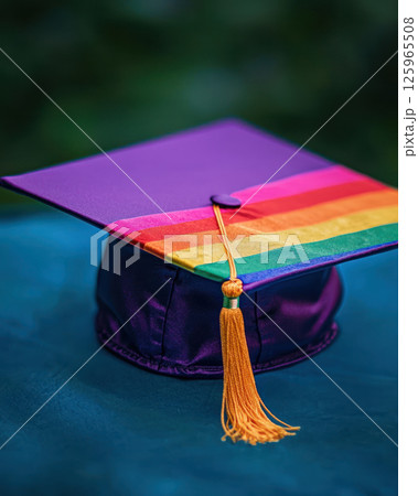 Rainbow colored graduation cap symbolizes pride and progress, perfect for celebrating rights. blurred background adds depth 125965508
