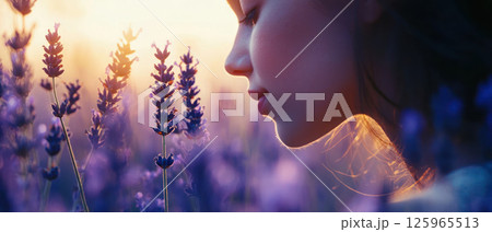 woman smelling fresh lavender in soft light, embracing happiness in simple pleasures woman smelling fresh lavender in soft light, embracing happiness in simple pleasures 125965513