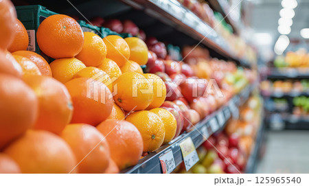 Fresh oranges and apples on supermarket shelves, vibrant colors attract customers 125965540