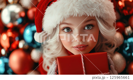 joyful girl with white hair wearing Santa hat holds gift joyful girl with white hair wearing Santa hat holds gift 125965661