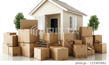 Moving boxes stacked outside new house, ready for relocation Moving boxes stacked outside new house, ready for relocation 125965662
